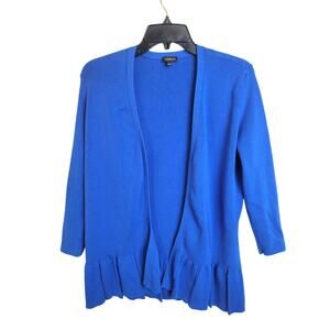 Talbots Cardigan Sweater Blue Open Front Pleated Ruffles 3/4 Sleeve Size Medium‎